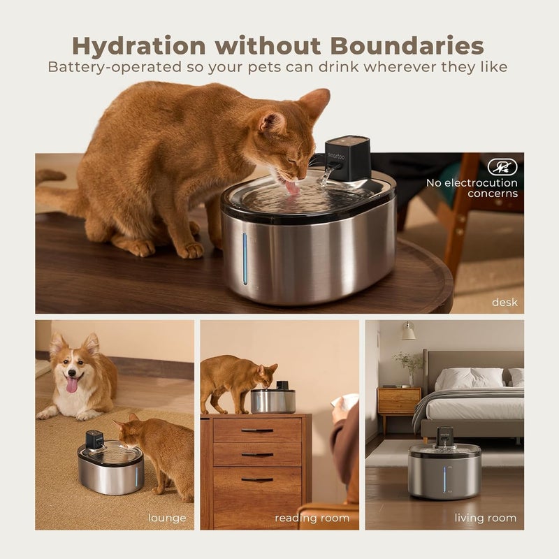 smartoo Wireless Cat Water Fountain Stainless Steel, 152oz/4.5L Cat Fountain Battery Operated, Cordless Pet Water Fountain for Cats & Dogs with Motion Sensor, Ultra Quiet Pump, Multi-Filtration - Image 2
